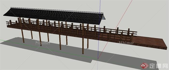 现代中式风格木制廊桥su模型