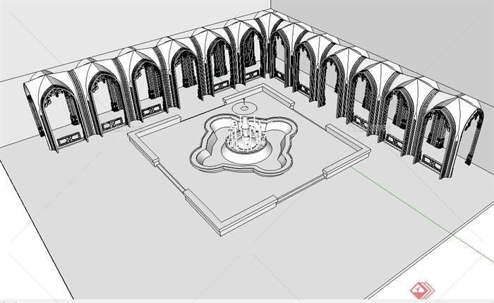某欧式风格中庭喷泉水池设计su模型[原创]