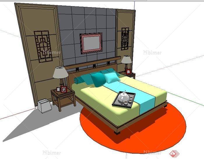 简约中式风格床及背景墙su模型