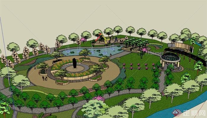 小型带水景休闲公园景观设计SU模型