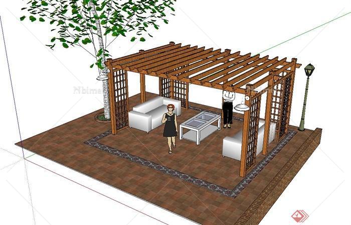 东南亚廊架设计su模型（含沙发茶几、树池、路灯