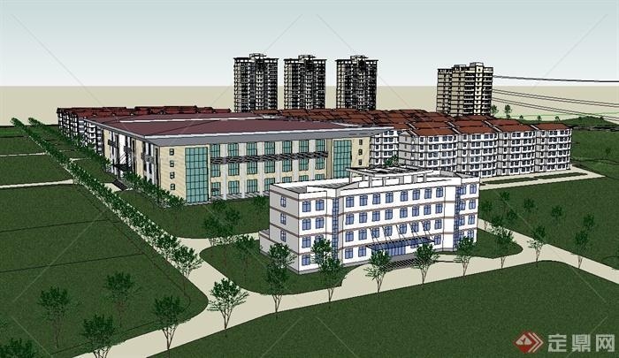 某现代山地学校建筑设计su模型（含教学楼、住宿