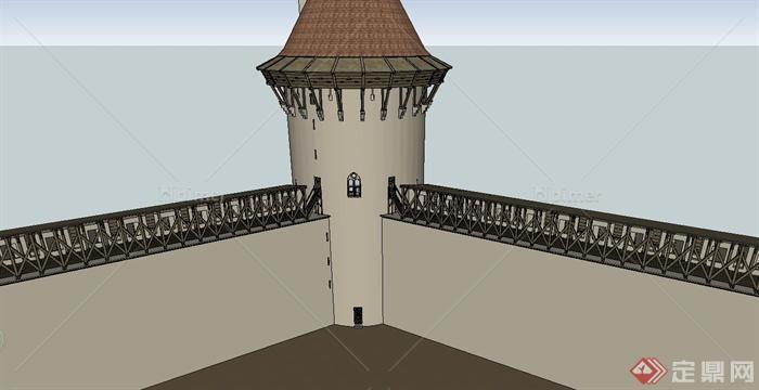 某欧式风格城墙塔楼建筑设计SU模型[原创]