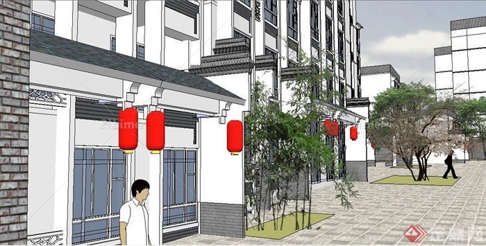 新中式风格步行商业街建筑设计su模型[原创]