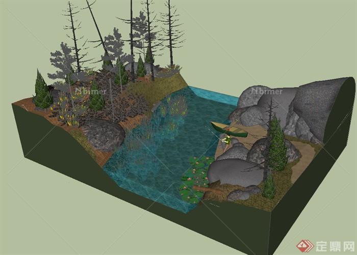 某生态水沟、景石水景设计su模型