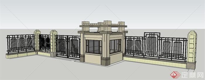新古典风格岗亭及大门围墙su模型