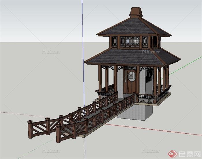 古典中式木质四角重檐亭设计SU模型