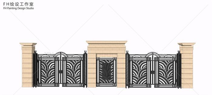 某欧式风格联排别墅庭院大门设计SU模型[原创]