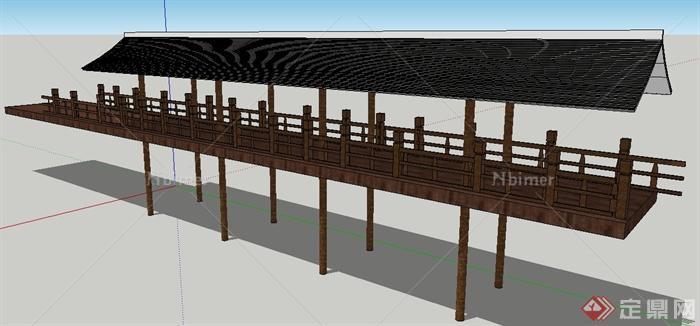 现代中式风格木制廊桥su模型