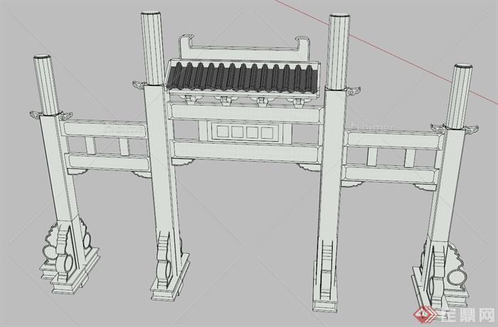 四柱三门牌坊设计SU模型