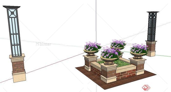 英式风格花池及灯柱su模型