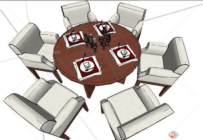 中式风格六人座圆形餐桌椅及吊灯su模型