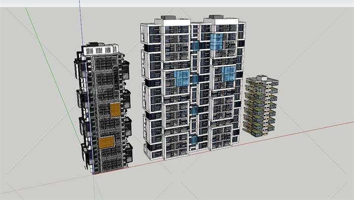 三幢现代风格住宅楼建筑设计su模型[原创]