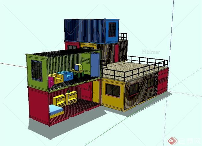 某现代风格详细集装箱为元素别墅建筑设计SU模型