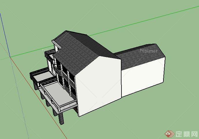 某古现代结合中式三层住宅建筑设计SU模型