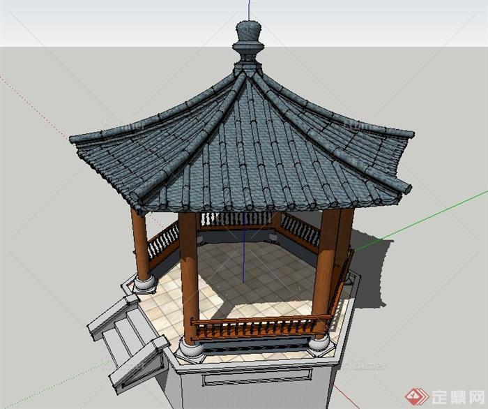 古典中式景观六角亭设计SU模型