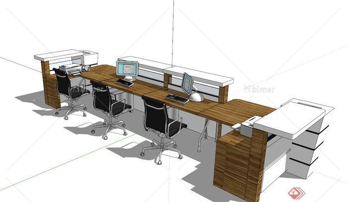 现代木制长条办公桌设计SU模型[原创]