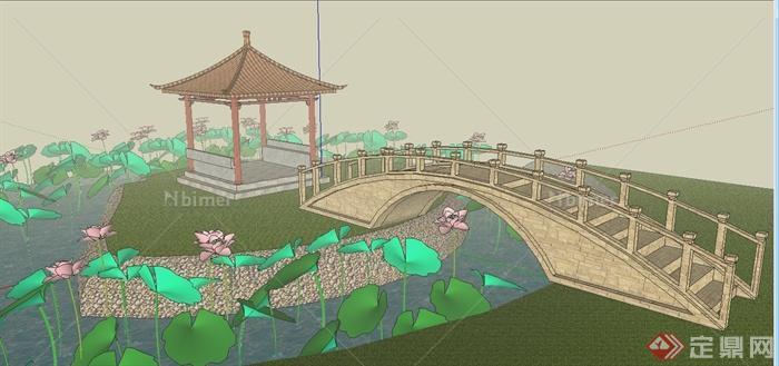 中式凉亭、荷花池、园桥组合su模型[原创]