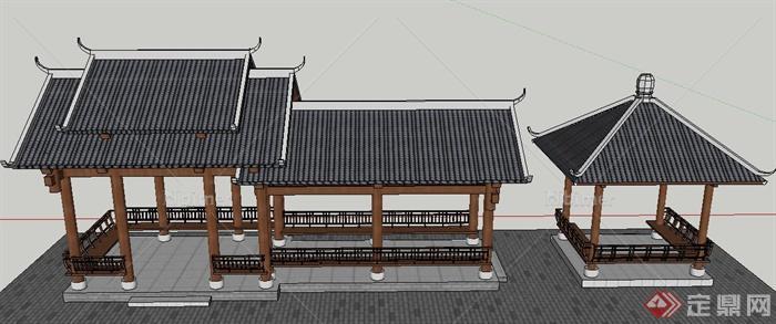 古典中式四角亭与长廊设计SU模型[原创]