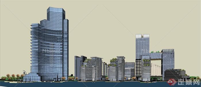 现代风格港口商务区综合建筑景观设计SU模型
