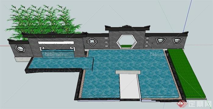 现代中式风格景观水池及景墙su模型