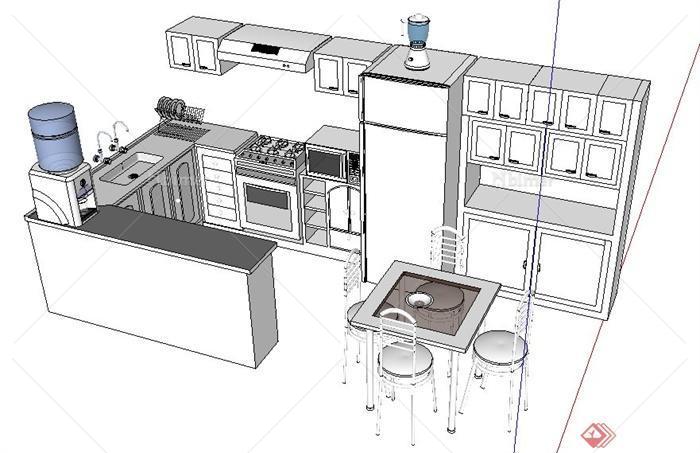 厨房整体橱柜及餐桌椅su模型