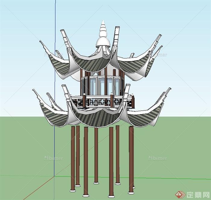 古典中式八角重檐亭设计SU模型