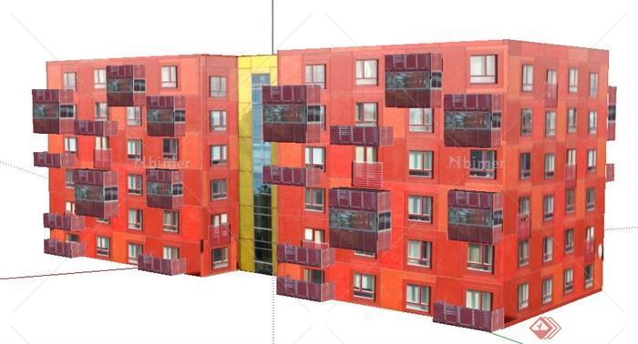 现代简洁六层住宅楼建筑设计su模型