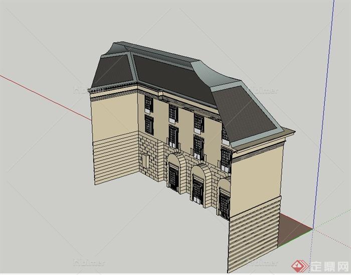 某三层欧式别墅前墙建筑设计SU模型