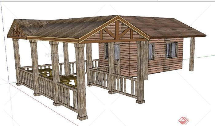 现代中式小木屋及转折长廊su模型