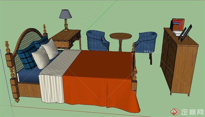 美式风格床及床头柜家具组合su模型