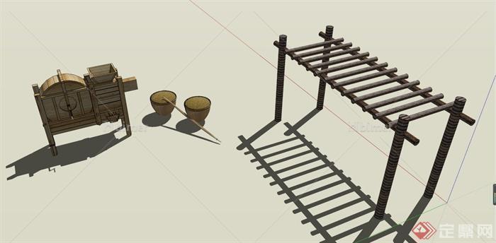 庭院廊架和打谷机设计SU模型