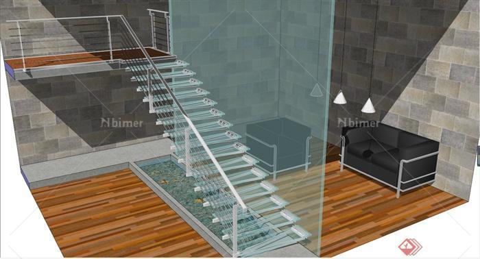 室内玻璃楼梯设计SU模型