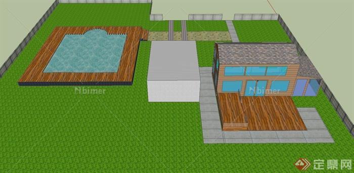 某二层别墅建筑设计SU模型（带水池）