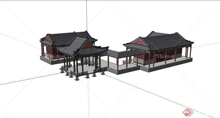 古典中式皇家园林凉亭、亭房、长廊组合设计su模