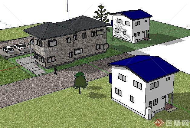 三栋现代坡屋顶住宅建筑设计su模型[原创]