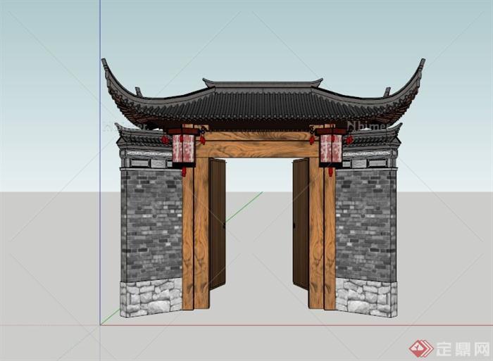 古典中式住宅大门设计SU模型素材