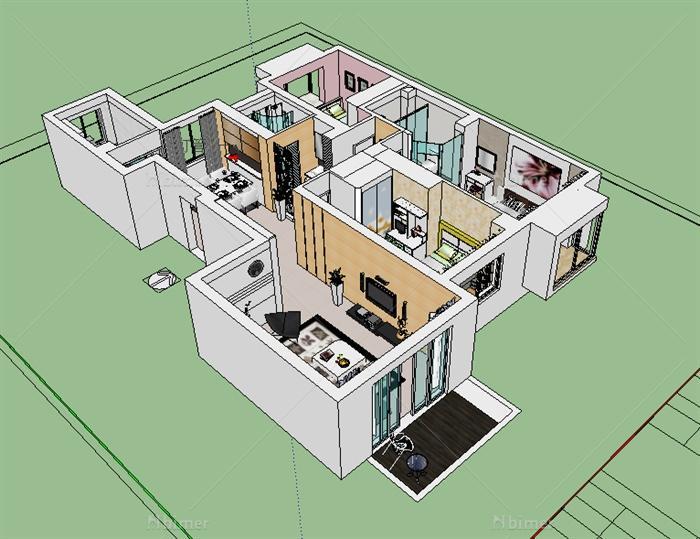 现代简约三居室住宅空间设计SU模型[原创]