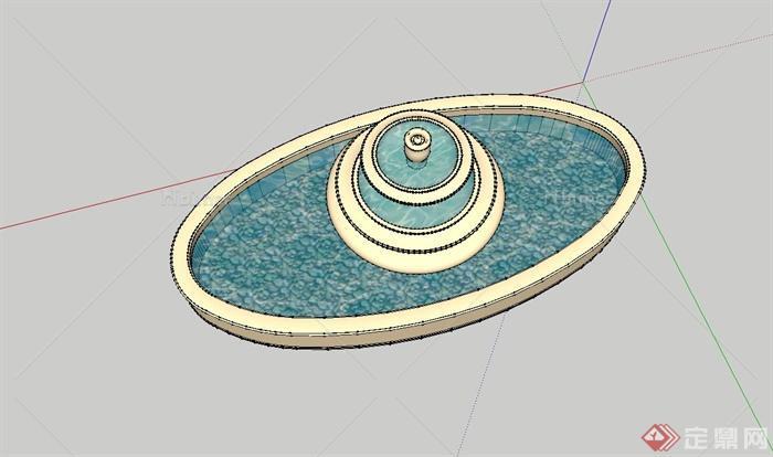圆形水钵、椭圆卵石水池设计su模型