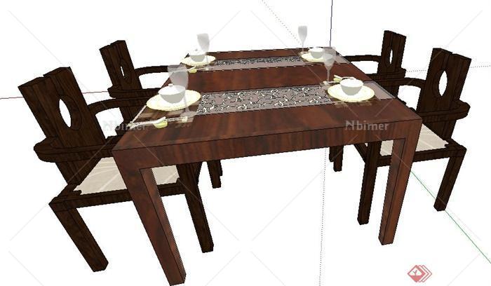 现代中式风格木制餐桌椅su模型