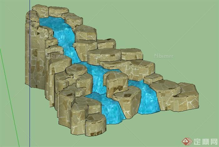 园林景观小型瀑布假山设计su模型