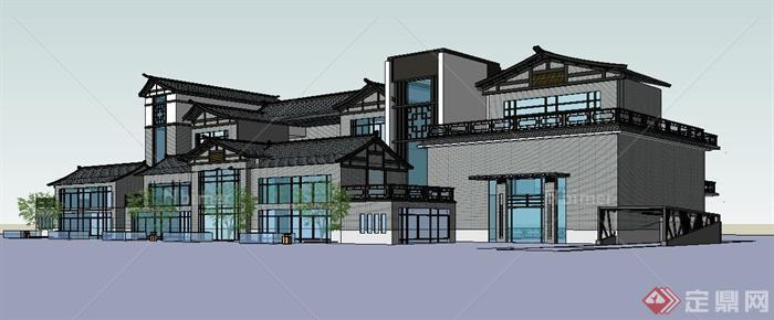新中式风格办公楼建筑设计su单体模型[原创]