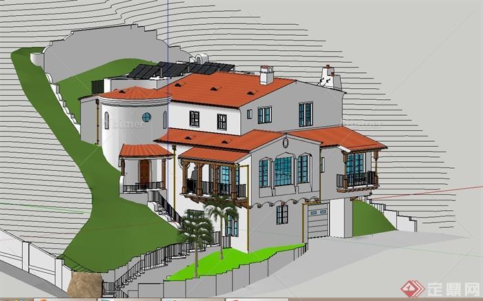 某现代三层山地别墅建筑设计SU模型