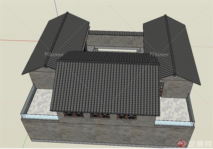 古典中式两层青砖四合院住宅建筑设计SU模型