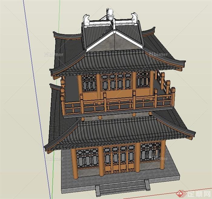 某古典中式两层阁楼建筑设计SU模型