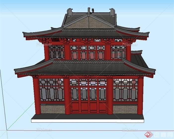 古典中式两层方形阁楼建筑设计SU模型