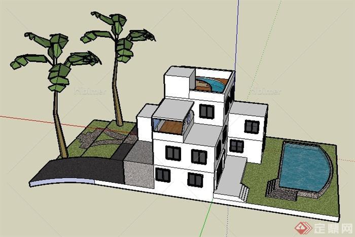 某现代三层住宅楼居住建筑设计SU模型