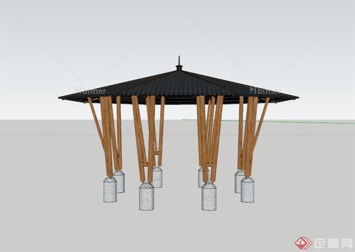 某木制多柱子景观亭SU模型