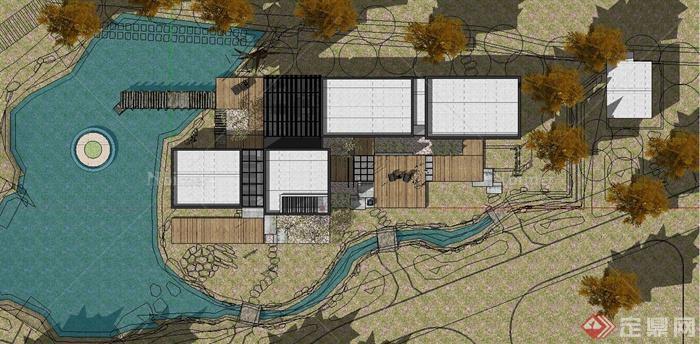 某现代中式风格会馆建筑设计SU模型含JPG效果图[