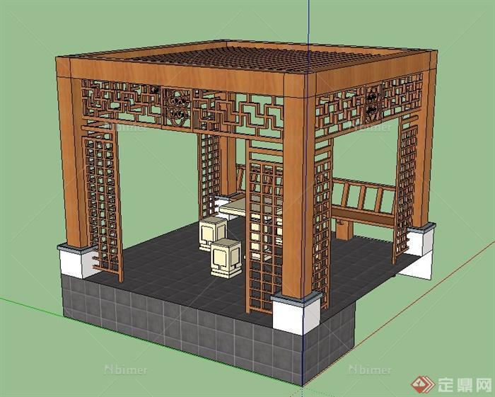 某木质四边平顶凉亭设计SU模型